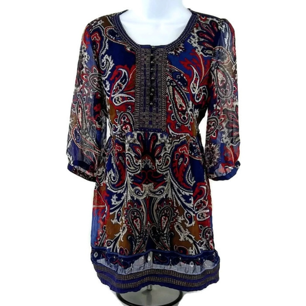 Cha Cha Vente Boho Women's Paisley Lined Tunic Blue and Red 3/4 Sleeves Size Med